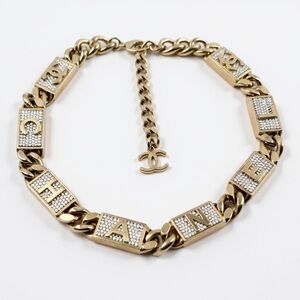 Chanel Crystal Logo Gold Chain Choker Necklace